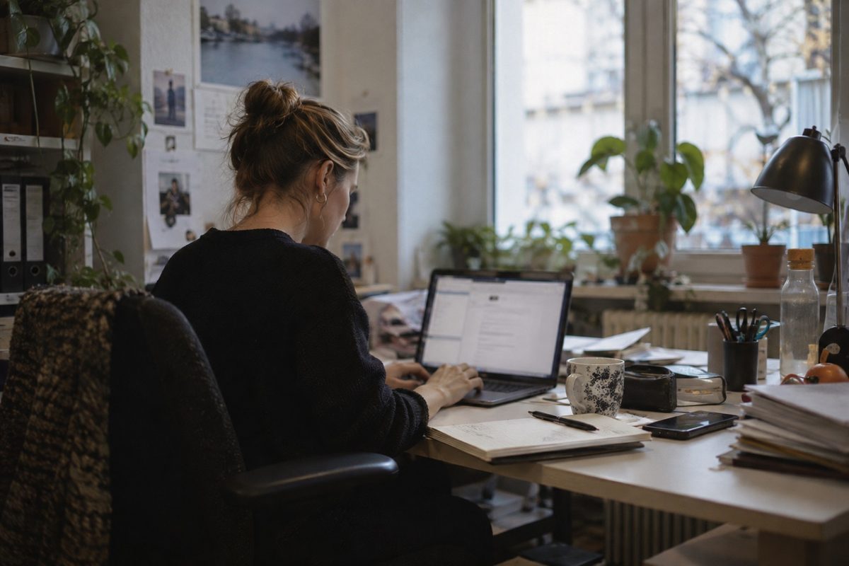 Eine Frau tippt an ihrem Schreibtisch am Laptop, daneben liegen ein Notizbuch und eine Tasse, am Fenster stehen Pflanzen.
