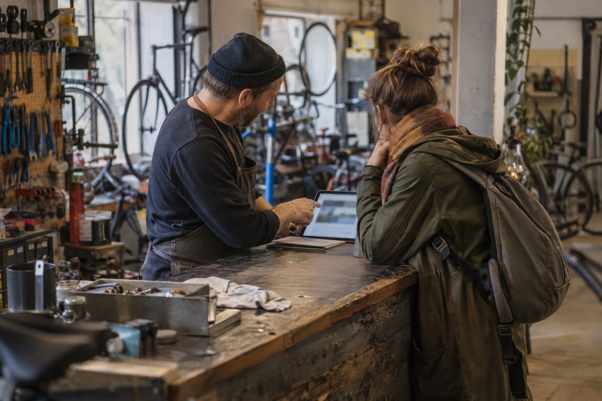 Ein Mitarbeiter einer Fahrradwerkstatt zeigt einer Kundin am Werkstatttresen etwas auf einem Tablet.